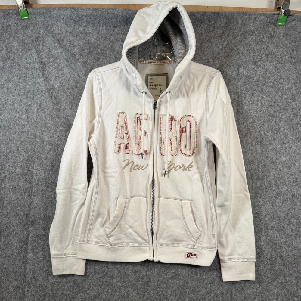 Aeropostale Y2K Zip Up Hoodie Sweatshirt Sz XL Embroidered New York White Plaid